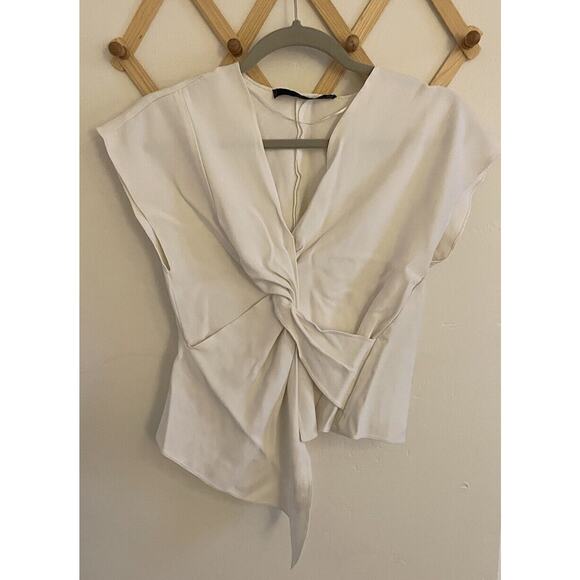 Zara Top Women’s Small White The Together Twist V Neck Crepe Blouse Short Sleeve - Picture 2 of 6